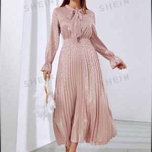 Leopard Jacquard Flounce Sleeve Tie Neck Pleated Hem Satin Dress